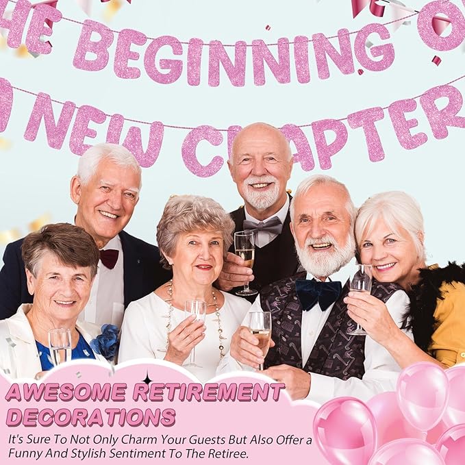 Fulmoon Pre Strung the Beginning of a New Chapter Banner, Glitter Graduation Party Decorations, Happy Retirement Supplies, Going Away Farewell New Home Job Change Party Sign Garland(Pink)