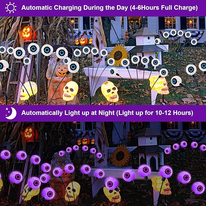 AIKEI Halloween Decorations Outdoor, Solar Scary Eyeball Lights Swaying by Wind, 4 Pack 24 LED Solar Halloween Lights,Waterproof Halloween Decor for Yard Lawn Garden Party Supplies, Purple