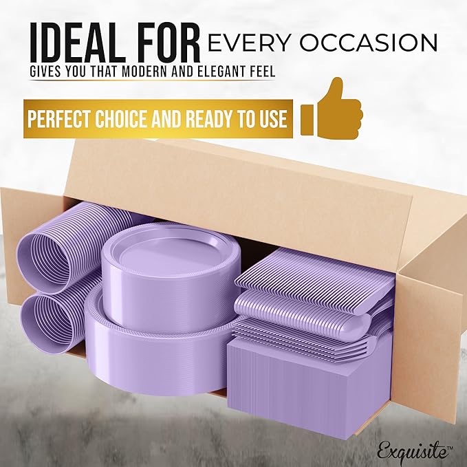 Party Solids 350 Pieces Lavender Plastic Plates For Party, Lavender Disposable Plates Set, 50 Of Each 9" Dinner Plate Set, 7" Dessert Plate, Cups, Napkins & Cutlery Plastic Dinnerware