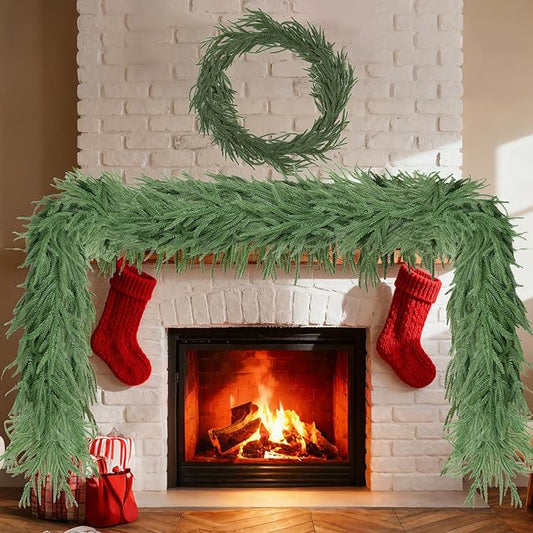 2 Pcs 6 Ft Artificial Norfolk Pine Garlands, Real Touch Winter Pine Garland, Green Artificial Greenery Garland for Table, Mantle, Wall, Indoor, Outdoor Christmas Decorations (2, 6 FT)