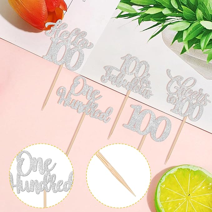 30PCS Happy 100th Birthday Cupcake Toppers One Hundred Cheers to 100 Years Birthday Cupcake Picks Hello 100 Fabulous Cake Decorations for Happy 100th Birthday Anniversary Party Supplies Silver