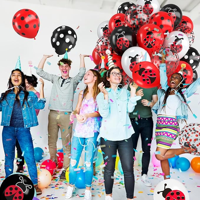 Ladybug Balloons,12 Inch Ladybug Print Red Black White and Polka Dots Balloon with Red Black Confetti for Ladybug Birthday Baby Shower Theme Party Decorations