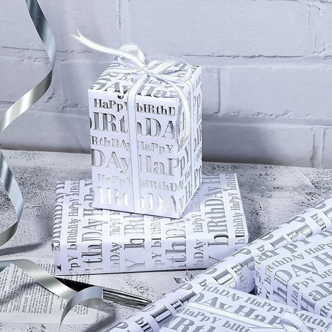WRAPAHOLIC 3D Kraft Birthday Wrapping Paper Roll - Mini Roll - 17 Inch x 16.5 Feet - Silver and White Happy Birthday Lettering Design with Embossed Perfect for Holiday, Party Celebration