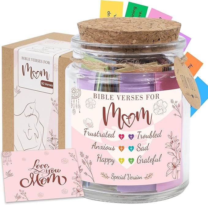 Bible Verse Jar for Mom – 92 Color-Coded Scriptures for Encouragement, Birthday Present for Women, Inspirational Christian Gift Idea, Heartfelt for Mom