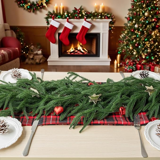 Artificial 2Pcs 5Ft Norfolk Pine Garlands, Christmas Winter Pine Garland, Real Touch Faux Green Greenery Garland for Table, Fireplace, Stairs, Mantle, Window, Indoor, Outdoor Christmas Decorations