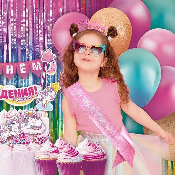 VELSCRUN 2nd 3rd 4-9th Birthday Princess Headband Pink Tiara Crown for Girls It's My Birthday Sash Party Decorations Gifts