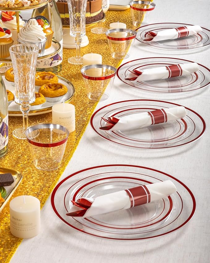 Goodluck 350 Piece Red Plastic Plates, Clear Plastic Silverware Disposable Plates Set, Include 100Plates, 50Pack Pre Rolled Napkins with Silverware, 50Cups for Party, Wedding, Graduation