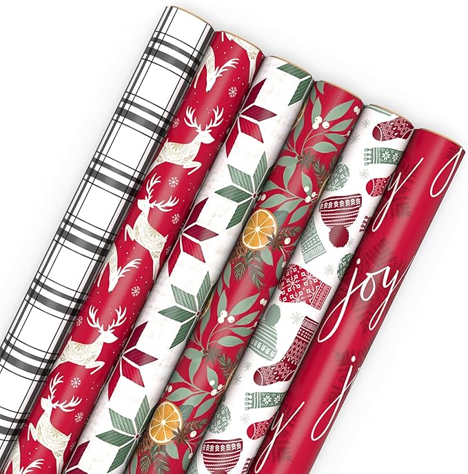 Hallmark Recycled and Recyclable Christmas Wrapping Paper Rolls with Cutlines on Reverse (6 Rolls: 150 Sq. Ft. Total) Deer, Mittens, Citrus with Pinecones, Red and Green Quilt