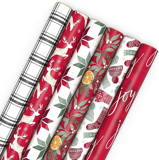 Hallmark Recycled and Recyclable Christmas Wrapping Paper Rolls with Cutlines on Reverse (6 Rolls: 150 Sq. Ft. Total) Deer, Mittens, Citrus with Pinecones, Red and Green Quilt