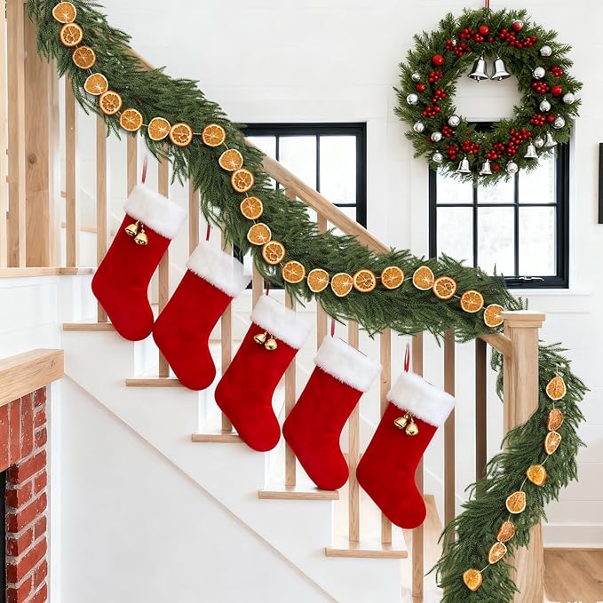 Christmas Garlands Set-6ft Norfolk Pine Garland with Dried Orange Slice,Real Touch Winter Pine Garland Green Artificial Greenery for Christmas Table Fireplace Mantle Xmas Holiday Decoration