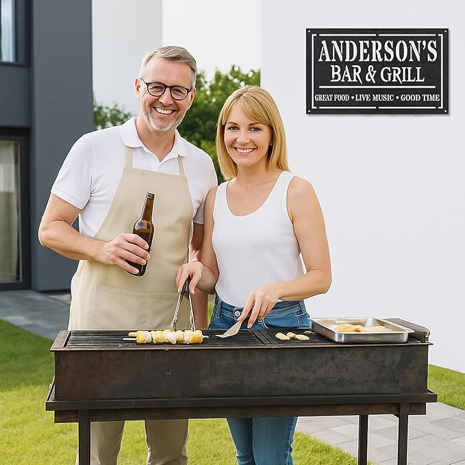 Custom BBQ Metal Sign Personalized Grill Name Wall Art for Outdoor Kitchen Patio Backyard Decor Fathers Gift for Dad Grandpa Husband Barbecue Smoker Area Sign, Grilling Lover Gifts 16
