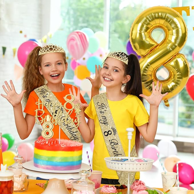 8th Birthday Decorations for Girl with 8th Birthday Sash and Tiara, Candles and Cake Topper, Number Balloons, 8 Year Old Girl Gifts