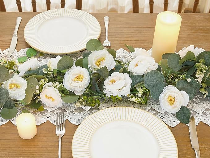 2 Pack 12Ft Artificial Eucalyptus Flower Garland with White Roses, Faux Floral Greenery Garland Fake Flower Vines for Wedding Party Centerpiece Table Runner Arch Party Decor (2PCS,White