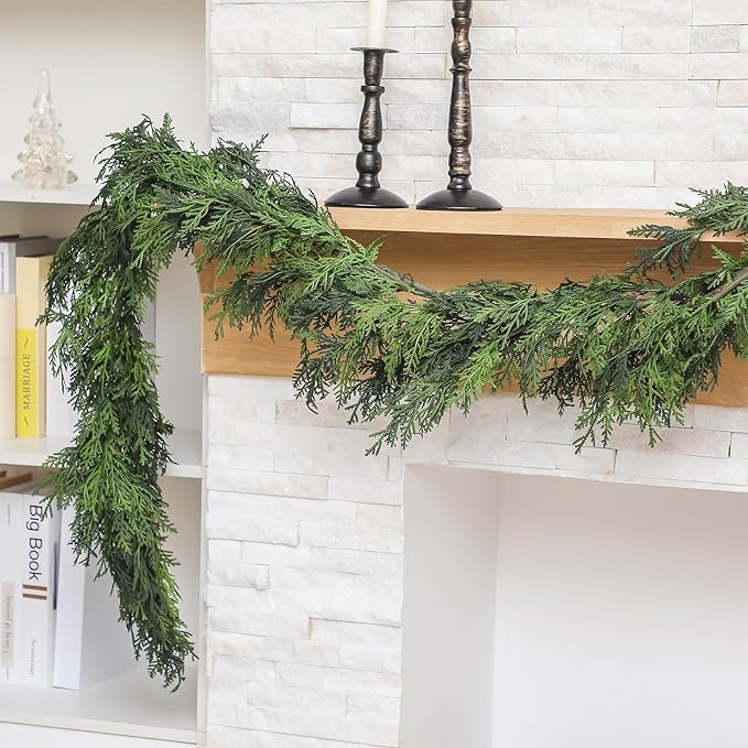 Jutom 1 Pcs 9 ft Christmas Cedar Garland Greenery Realistic Cedar Pine Needles Garland Artificial Decoration for Table, Mantel, Wall, Home Winter Holiday Party Decor