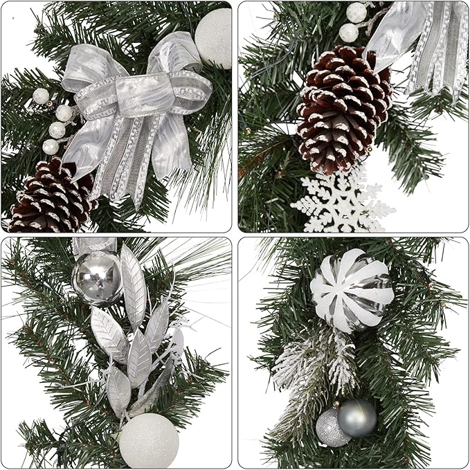 GarveeHome Christmas Garland with Lights for Mantle, 6 ft Battery Operated Silver White Xmas Garland with 20 LED Lights Timer Ribbon for Fireplace Stair Railing TV Stand Indoor Outdoor Holiday Decor