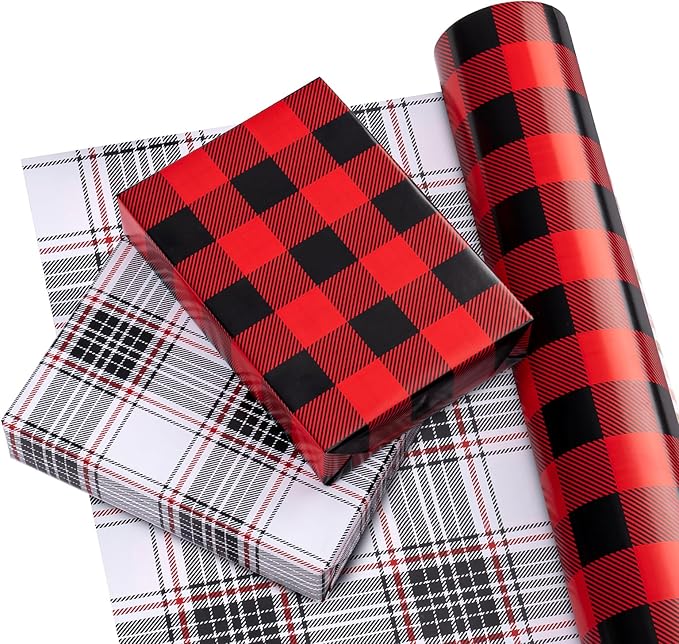 WRAPAHOLIC 30 Inch Jumbo Reversible Plaid Christmas Wrapping Paper - 30 Inch x 100 Feet Jumbo Roll Black and Red Plaid Wrapping Paper for Christmas, Birthday, Wedding, Baby Shower, Holiday