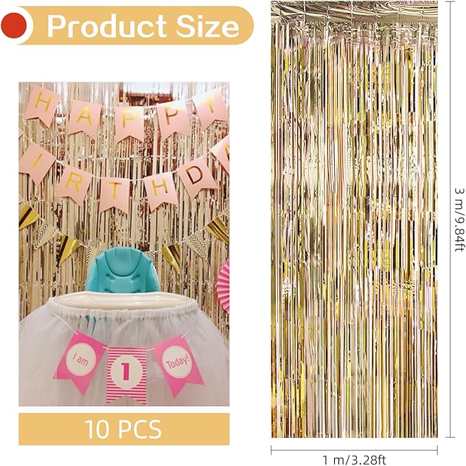 10 Pack Champagne Gold Foil Curtain Backdrop 3.2ft x 9.8ft Metallic Tinsel Foil Fringe Curtains Streamer Photo Booth Backdrop for Birthday Party Engagement Bachelorette Party Decorations