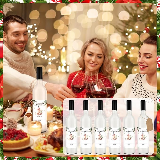 6 Set Christmas Glass Coquito Bottles 25 oz Wine Brewing Bottles for Homemade Coquito with Christmas Stickers Airtight Caps for Home Milk Eggnog