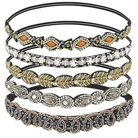 AMCAMI 5-Piece Rhinestone Beaded Hairband Set for Women - Fancy Elastic Headbands with Jeweled Crystal Beads - Handmade Hair Accessories for Women, Girls, and Ladies