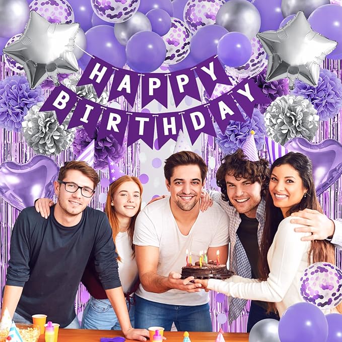 ZERODECO Purple Silver Birthday Party Decorations for Women Girls, Happy Birthday Banner Pompoms Balloon Arch Fringe Curtain Party Décor for Baby Girls Women Purple Silver Party