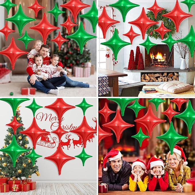 Red Green Christmas Balloons,12Pcs Four Angle Star Foil Balloons,26Inch and 10Inch Red Green Quadrangle Helium Balloon for Christmas Xmas New Year Birthday Party Decorations