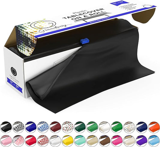 Grandipity Plastic Tablecloth Roll - 54in x 100 Ft. Black Plastic Table Cloths for Parties Disposable with Cutter Box - Cut to Size Disposable Tablecloth Table Cover for Rectangle & Round