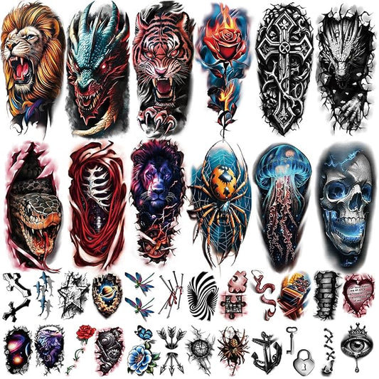 77 Sheets Temporary Tattoo for Women Men, 17 Sheets Half Arm Large 3D Eyes Lion Tiger Spider Fake Tattoos, 60 Sheets Flower Snake Skull Tiny for Adult Kids Cosplay Body Tattoos Stickers Realistic