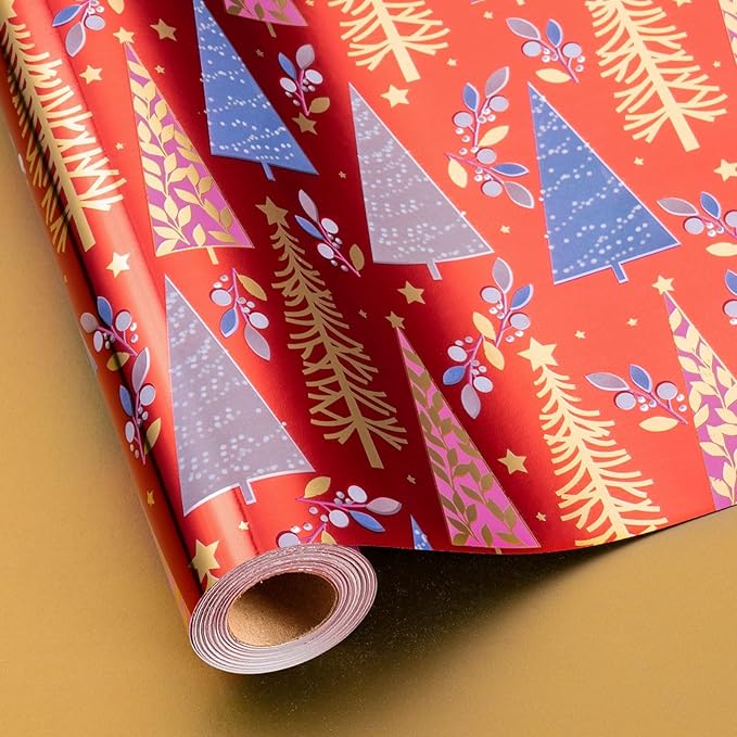 MAYPLUSS Christmas Wrapping Paper Roll - 17IN X 33FT - Christmas Gift Wrapping Paper Featuring Triangle Tree Against Red Reversible Gold for Kids, Holiday, New Year