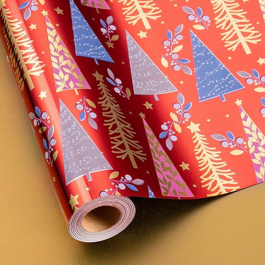 MAYPLUSS Christmas Wrapping Paper Roll - 17IN X 33FT - Christmas Gift Wrapping Paper Featuring Triangle Tree Against Red Reversible Gold for Kids, Holiday, New Year