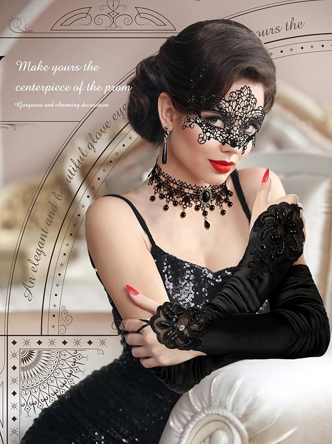 Newcotte 6 Pcs Masquerade Mask for Women Lace Mask Choker Necklace Glove for Christmas Halloween Venetian Party 80s 90s
