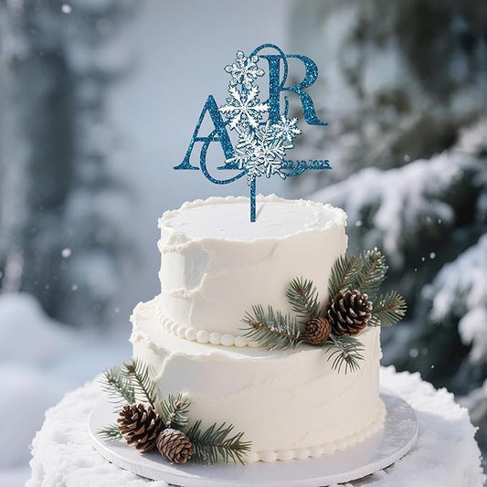 Customized Winter Wedding Cake Topper Personalized Bride & Groom's Initials and Wedding Date Cake Decoration with Snowflake