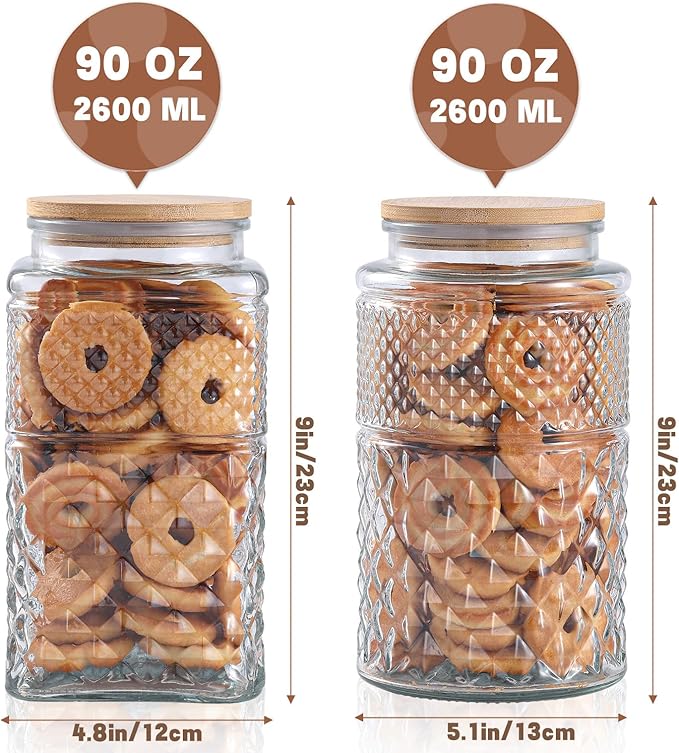 90 OZ Cookie Jars, 2600ml Glass Jars with Airtight Lids, Vintage Decorative Glass Storage Containers with Bamboo Lids for Coffee Candy Sugar, Candy Jar Coffee Canister 90oz.Square&Square