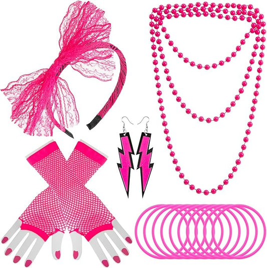80s Outfit for Women, Fancy Dress Costume Accessories Lace Headband Earrings Fishnet Gloves Necklace Bracelet for Women 80s Themed Party