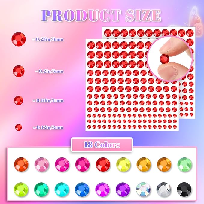 3300 Pcs 4 Sizes Self Adhesive Face Rhinestones Gems Stickers Bling Stick on Jewels for Hair Face Body Makeup DIY Craft, Card Decorations