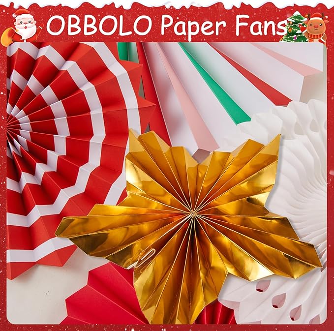 OBBOLO Christmas Paper Fans, Christmas Paper Decorations, Hanging Xmas Decorations in Gold, Red, White and Peppermint Candy Theme Honeycomb Decorations