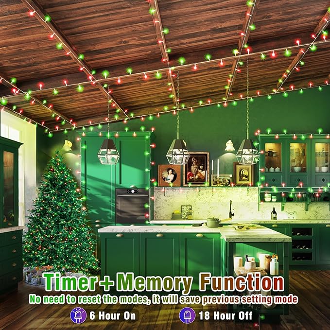 Vivideal 200 LED Red and Green Christmas Lights - 66ft String Lights Indoor Clear Wire 8 Modes Plug in Waterproof Fairy Light with Timer Memory for Indoor Outside Bedroom Home Party Decorations