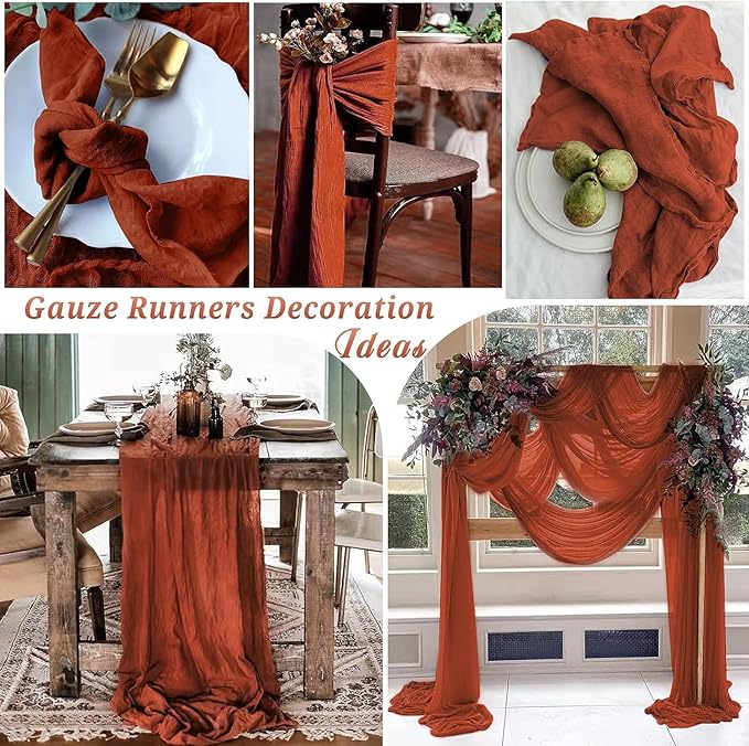 12 Pack Cheesecloth Table Runner, 35x120 Inch Terracotta Table Runners Rustic Burnt Orange Cheese Cloth Boho Gauze Semi-Sheer Runner for Wedding Baby Shower Fall Thanksgiving Home Decor