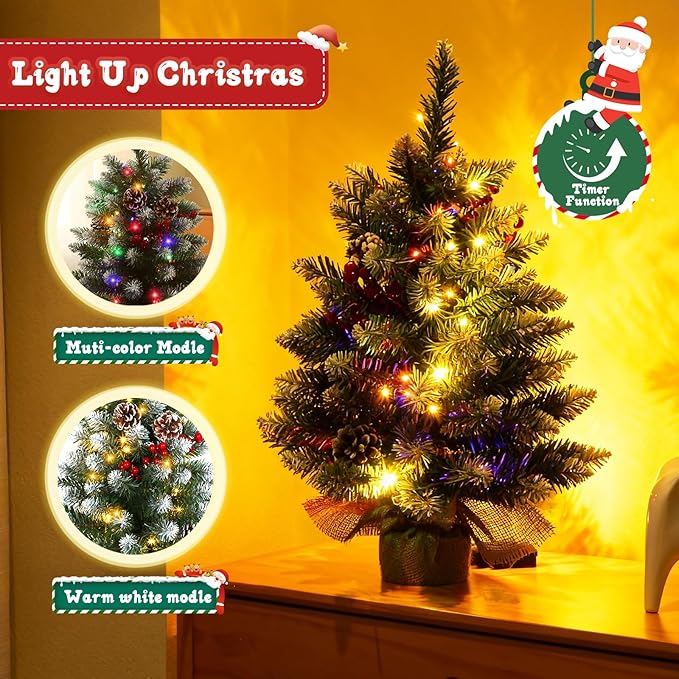 Joyhalo 2ft Small Christmas Tree with Lights Multicolor and Warm White, Flocked Pre Lit Table Top Christmas Tree, 80 Branches Mini Xmas Tree for Room Office Classroom Decoration