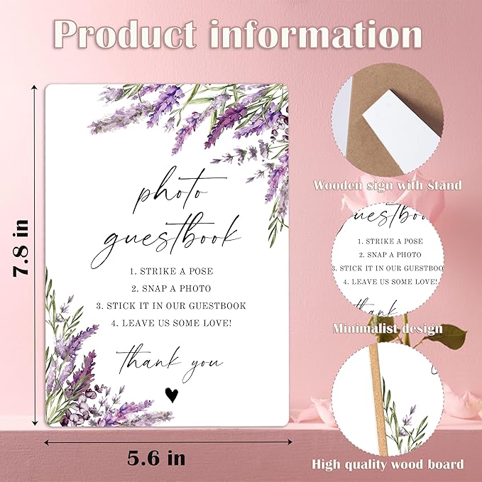 Photo Guest Book Sign, Lavender Bridal Shower Decorations, Guest Book for Party, Wedding Reception Table Decorations, Floral Wooden Sign with Stand for Wedding Reception And Bridal Party Decor, 30