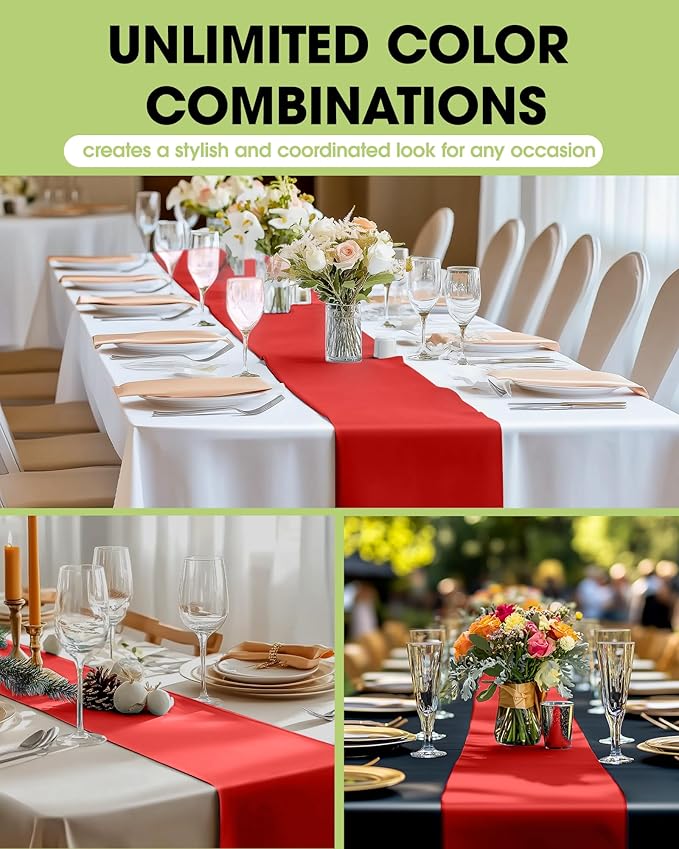 Pureegg Red Plastic Table Runners - 12 Pack, 14'' x 108'', Water Resistant & Disposable Centerpiece Decorations for Table Cloth, Wedding, Birthday, Holiday, Baby Shower, Party, Home Decor