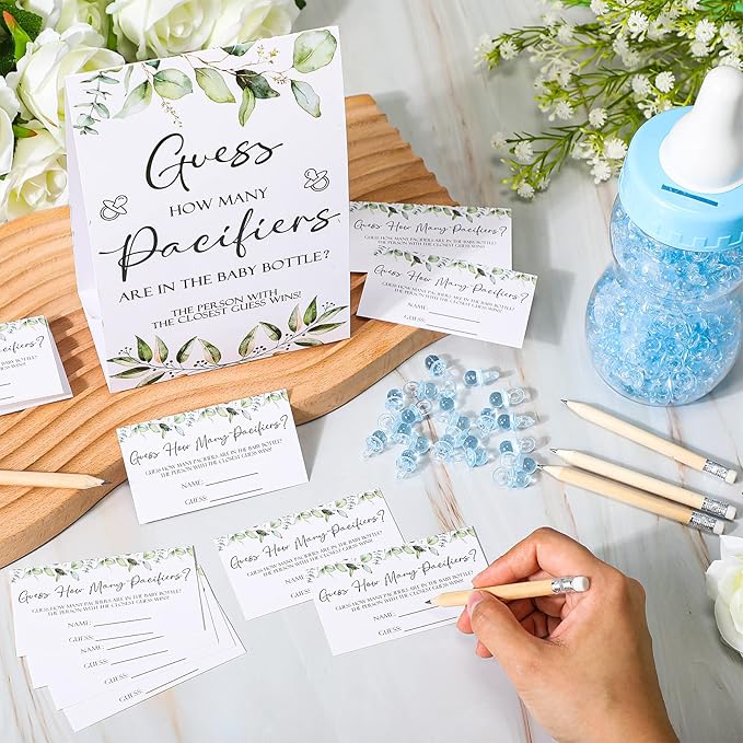 Roowest 512 Pcs Baby Shower Games Guess How Many Pacifiers Sign 100 Small Guessing Games 10 HB Pencils 750ml Milk Bottle 400 Acrylic Pacifiers Decoration for Guest Gender Reveal(Blue,Plant)