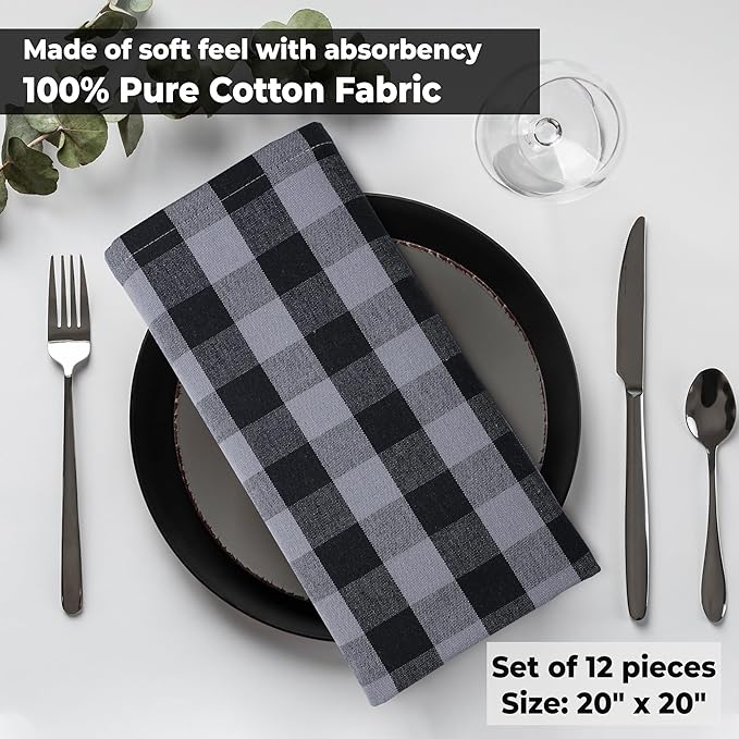 Urban Villa Cotton Dinner Napkins Set of 12, Highly Absorbent Soft Premium Cloth Napkins 20x20 Inches, Hotel Quality Reusable & Washable Table Dinner Napkins for Home - (Grey/Black, Buffalo Checkerd)