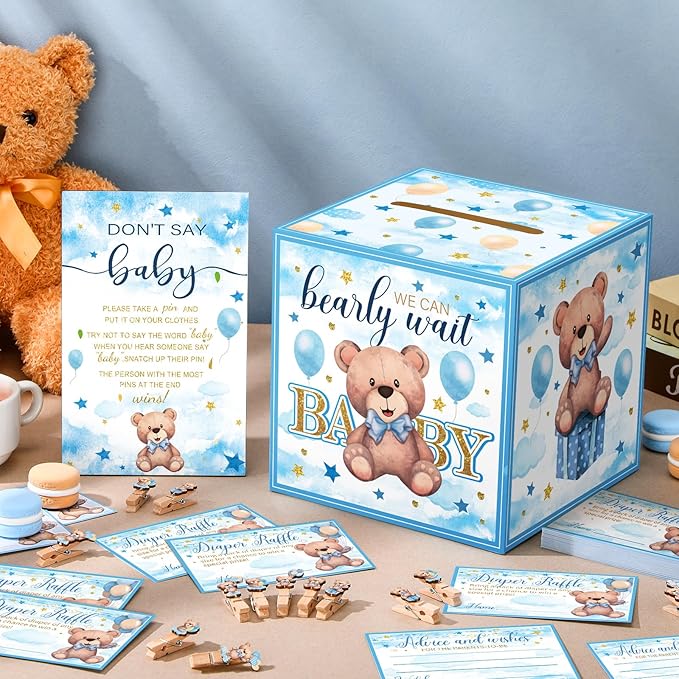 102 Pcs Bear Pins for Baby Shower Game Theme Supplies Diaper Raffle Tickets with Diaper Raffle Card Box Don't Say Baby Sign Mini Clothespin Shower Game Decor for Gender Reveal(Blue Bear)