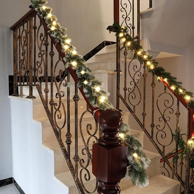 3 Pack Pre Lit Snow Flocked Christmas Garland 5.9 ft Artificial Christmas Garland with Warm White LED Light and Timer Frosted Faux Pine Winter Garlands for Home Indoor Outdoor Mantel Seasonal Decor