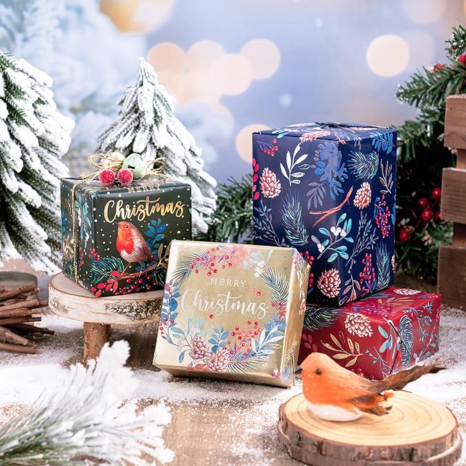 WRAPAHOLIC 30 Inch Christmas Wrapping Paper Roll - Jumbo Roll Red, Green, Gold Bird, Christmas Garland, Holly and Pinecones with Metallic Foil Shine Design - 4 Rolls - 30 Inch x 120 Inch Per Roll