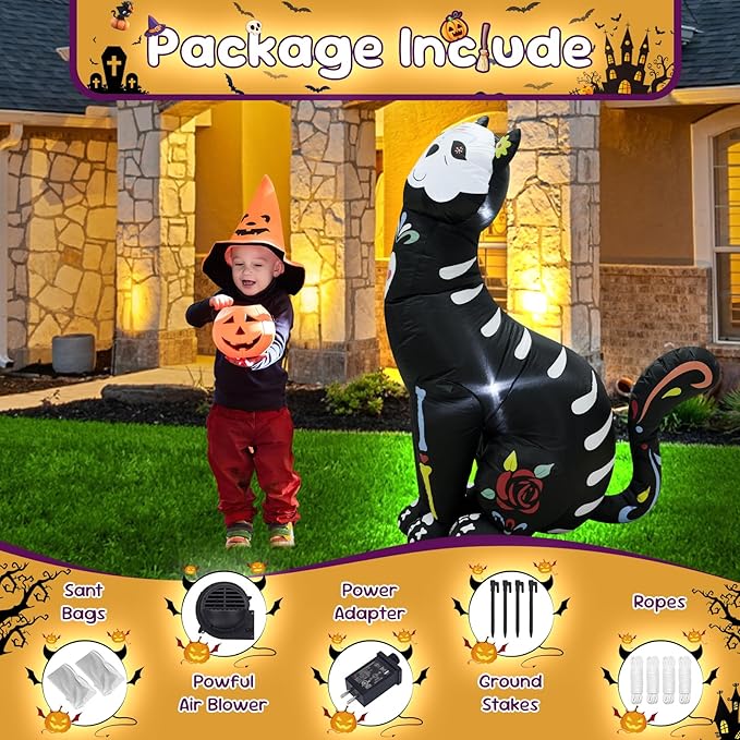 4FT Halloween Skeleton Cat Inflatable Decoration Spooky Blow Up Yard Decor with LED Lights Party Indoor Outdoor Holiday Yard Graden Decoration