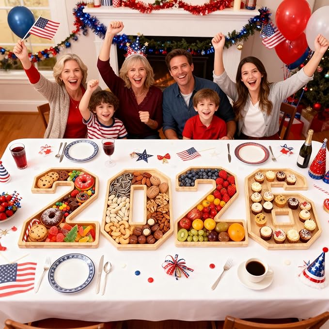 6 Packs 2026 Charcuterie Numbers Letter Board Bamboo Food Serving Trays Wooden Serving Platter for Fruit Vegetable Cupcake Cheese Plates with 2 Sauce Dishes for New Year, Graduation Party Tabletop