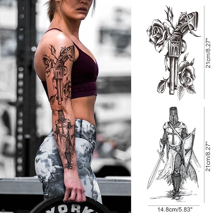 Military Temporary Tattoo Sleeve for Men, 4-Sheet Full Arm Large Patriotic Gun Soldier Fake Tattoo Sleeve Adult Women and 4-Sheet Black Floral Tiger Gun Half Temp Tatoo Sticker Leg Makeup Body Art