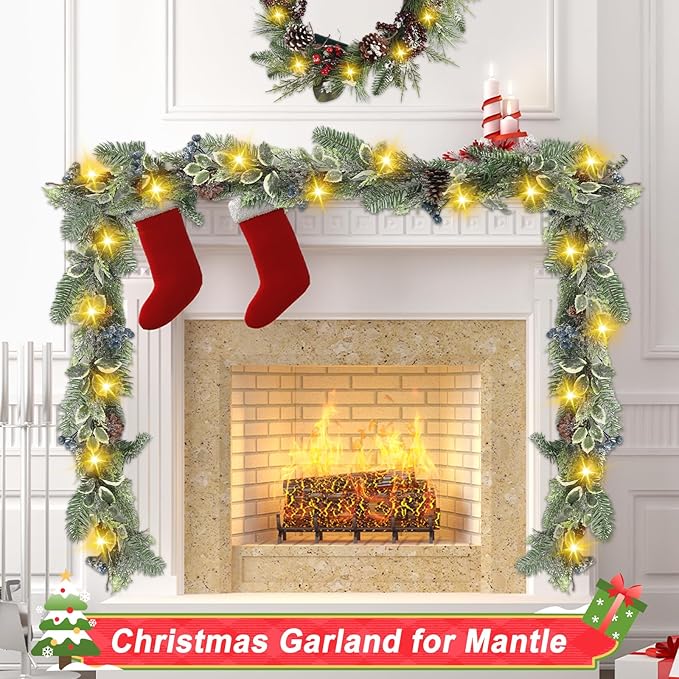Artgar 6 Ft Christmas Garland, Pre-Lit Christmas Garland - Artificial Garland Christmas Decorations with 30 LED Lights Decorated with Pinecones, Berries for Mantels Dining Tables Porch Decor (Blue)