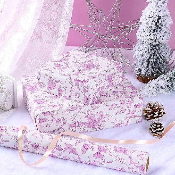 LaRibbons Pink Bow Floral Wrapping Paper Roll – 17 inch x 33 feet, Vintage Toile Stone Paper Design for Wedding, Baby Girl Shower, Bridal Gift Wrap, Valentine's Day, Christmas